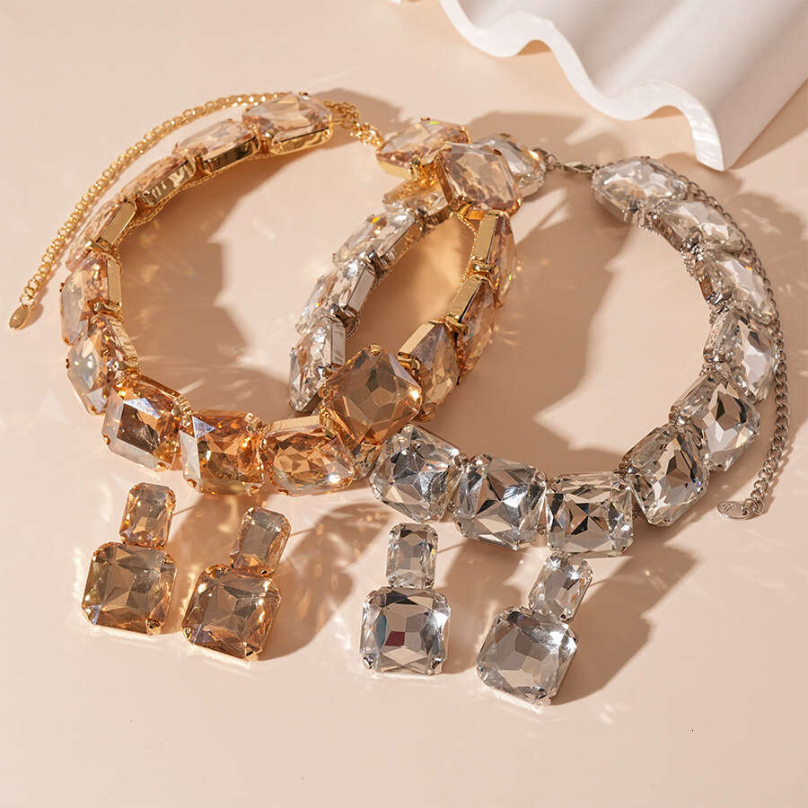 2-Piece Set Personality Exaggerated Diamond-Studded Square Stud Earrings European and American Light Luxury Niche Temperament High-End Necklace for Wo