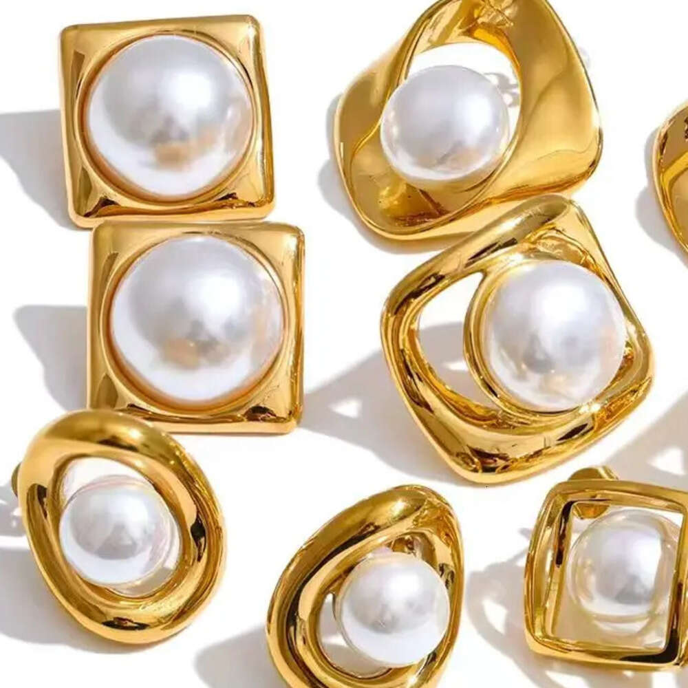 Yhpup Korean Style Simulated Pearls Square Geometric Stud Earrings Golden Stainless Steel Attractive Chic Jewelry Wholesale Liuyuemoshang