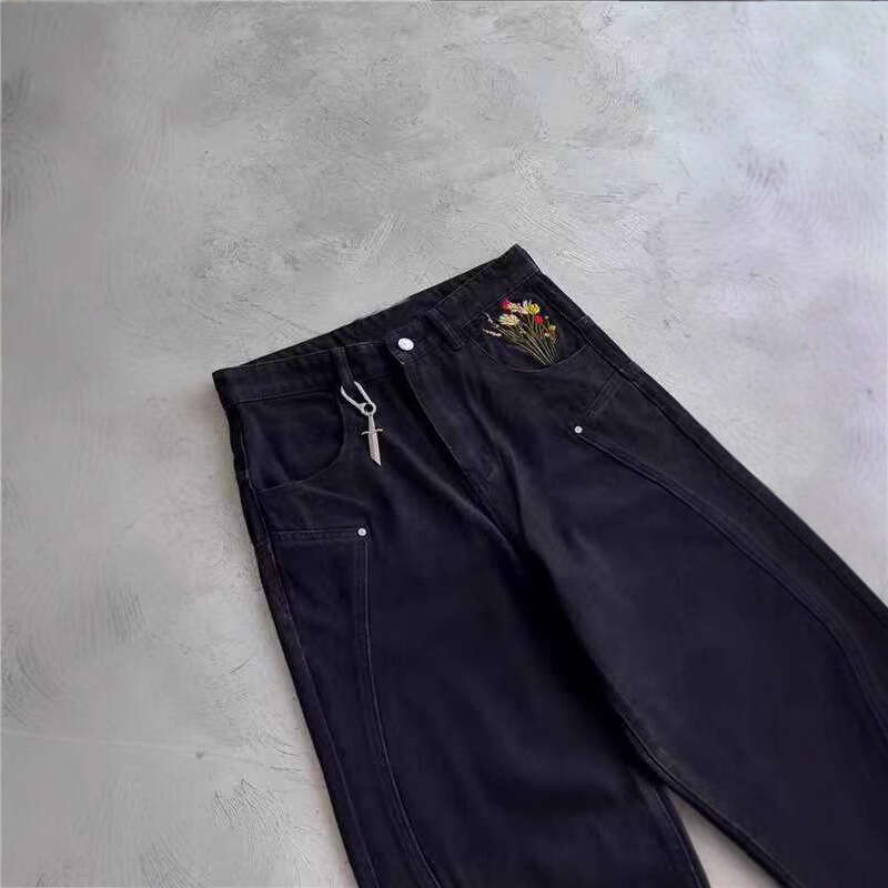 European and Cross-Border American High Street Fashion Trendy Style Jeans Elastic Versatile Embroidered Vintage Personality Straight Long Pants