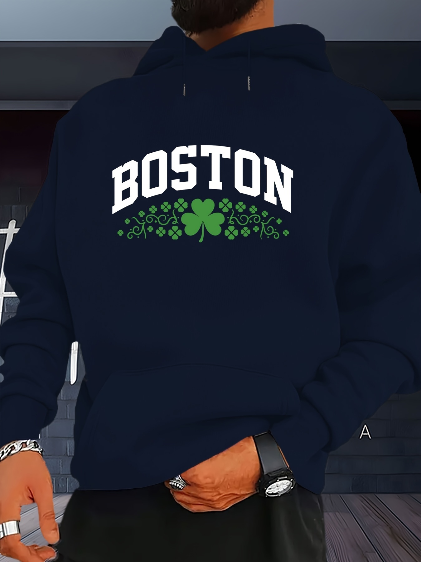 Men'S Casual Boston Green Clover Print Hoodie - 95% Polyester 5% Spandex, Long Sleeve, Regular Fit, Slight Stretch, Kangaroo Pocket, Machine Wash