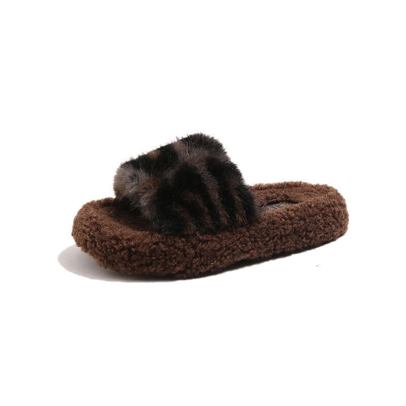 INS Children's Furry 2025 Autumn Winter New Girls Leopard Print Thick Sole Cotton Outdoor Wear One-Word Slippers