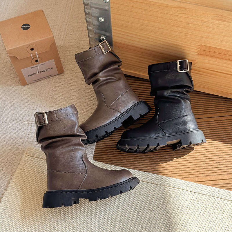 Children's Pile 2025 Autumn Winter New Korean Style Girls' Fleece-Lined Wrinkled Short Retro Slimming Riding Boots
