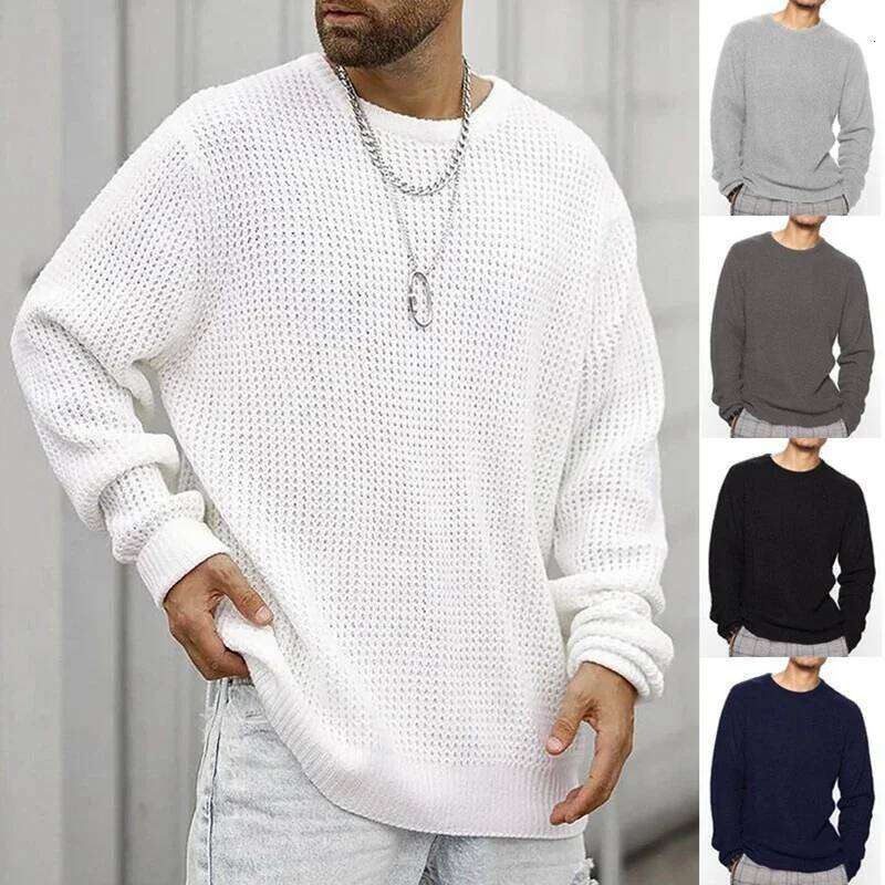 2025 New Men's Casual Round Neck Long Sleeve Knitted Sweater Solid Color Fashion Versatile Top
