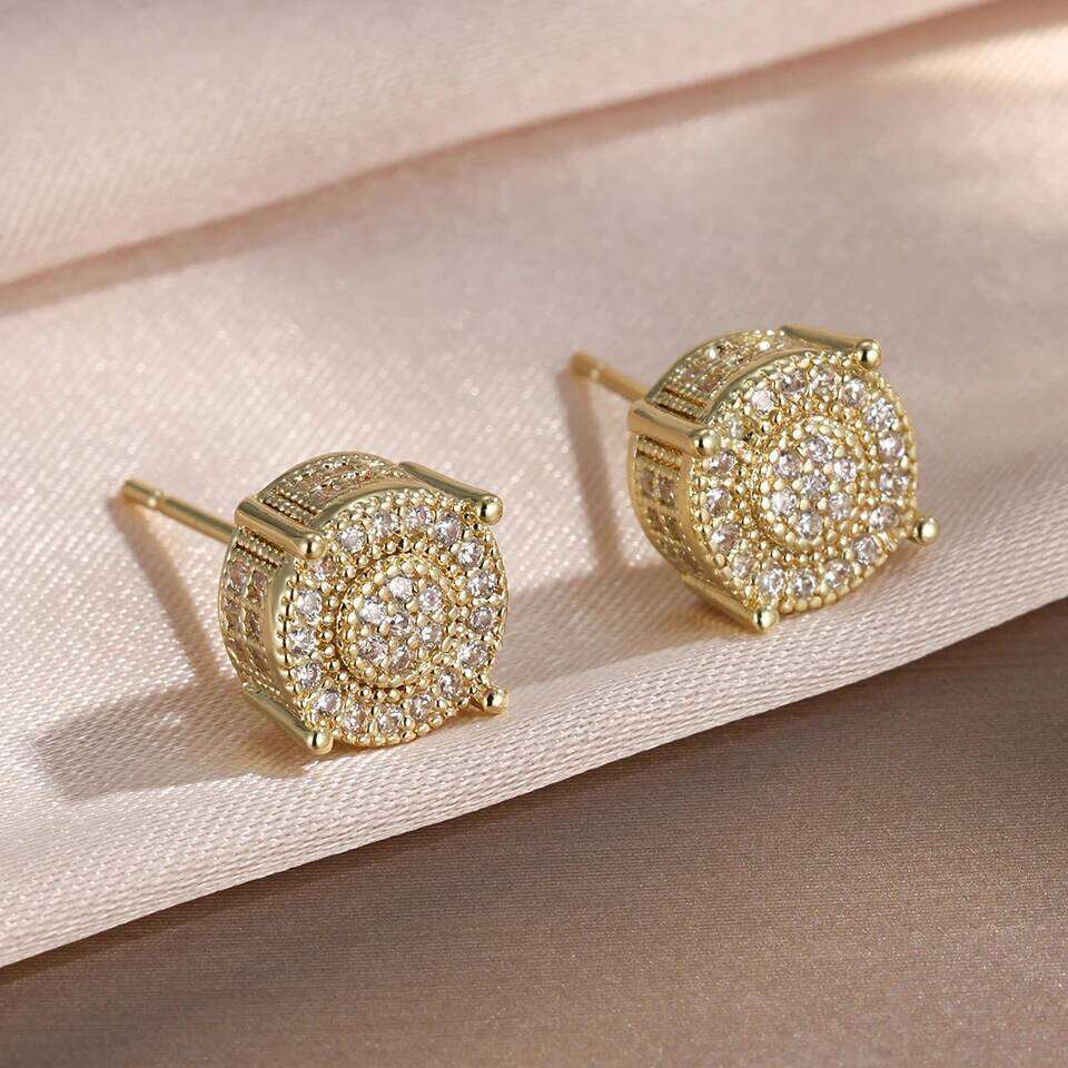 ZAKOL Gold Silver Color Iced Out Round Studs for Women/Men Clear Zirconia Hip Hop Trend Piercing Ear Accessories Wholesale