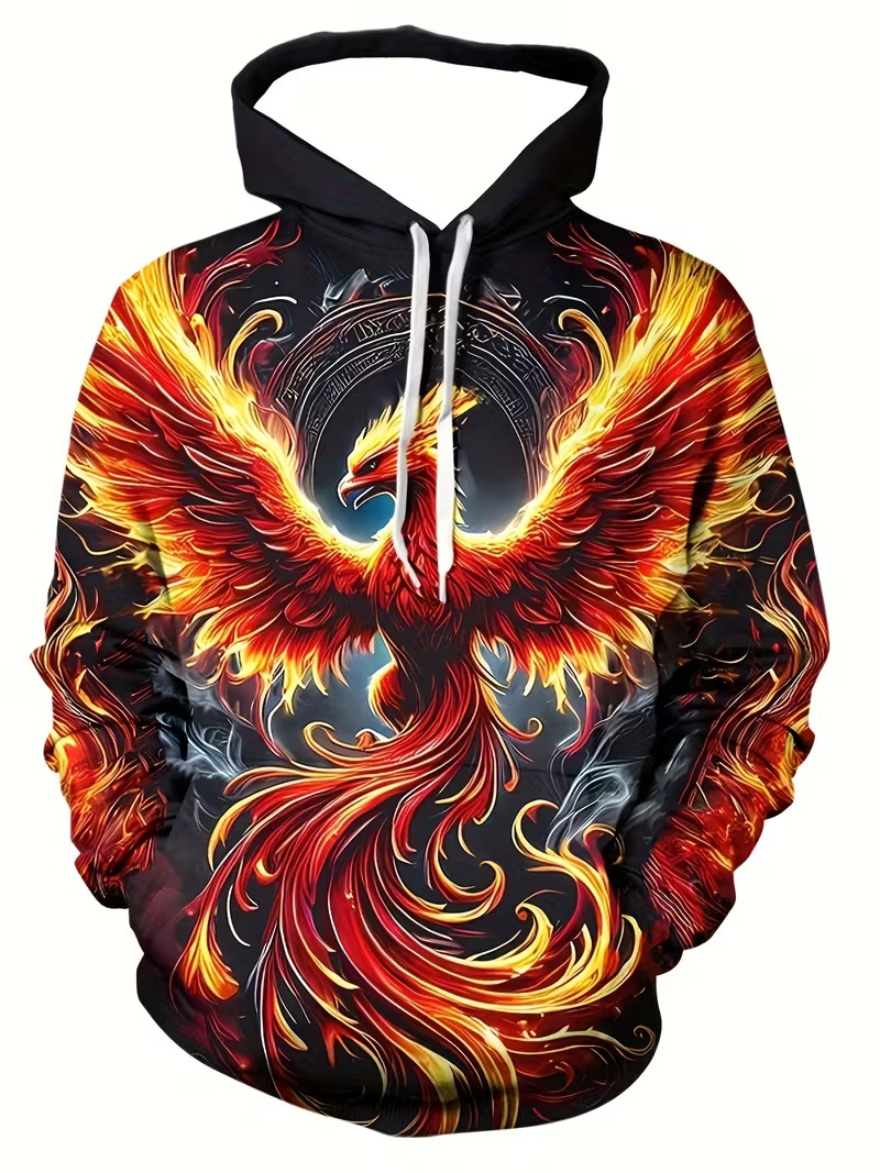 National Trend Men's Hoodie Fiery Phoenix 3D Print Red-to-Black Gradient Relaxed Fit Casual Streetwear Pullover Hoodie