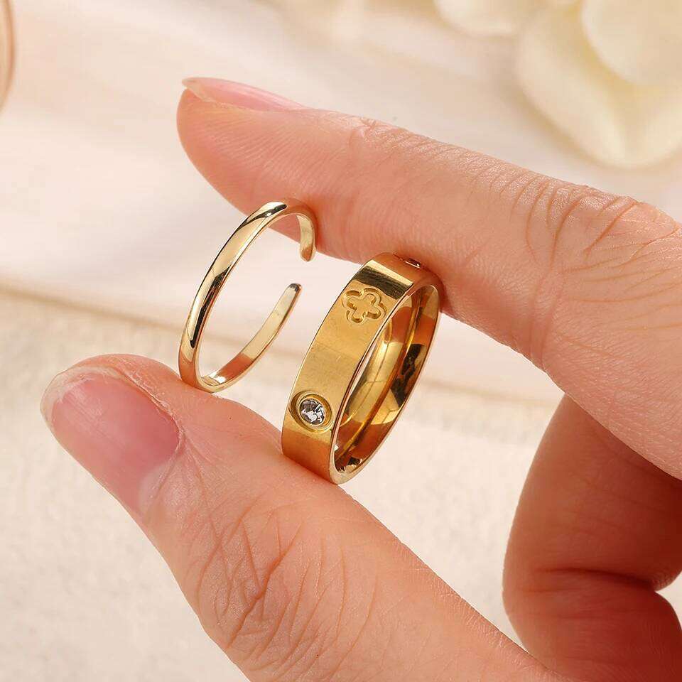 ZAKOL New Golden Stainless Steel Ring Set for Women Crystal Zircon Inlaid Engagement Anniversary Jewelry Gifts 2Pcs/Set