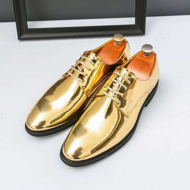 Fashion Golden Leather For Men Large Size 49 50 Shiny Party Male Pointed Bussiness Man Formal Shoes chaussures homme LEEGO LENS