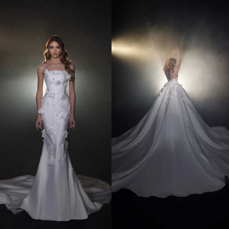 Amazing Wedding Dress Strapless Sleeveless 3D-Floral Appliques Bridal Gowns With Detachable Train Party Customized vestidos de novia