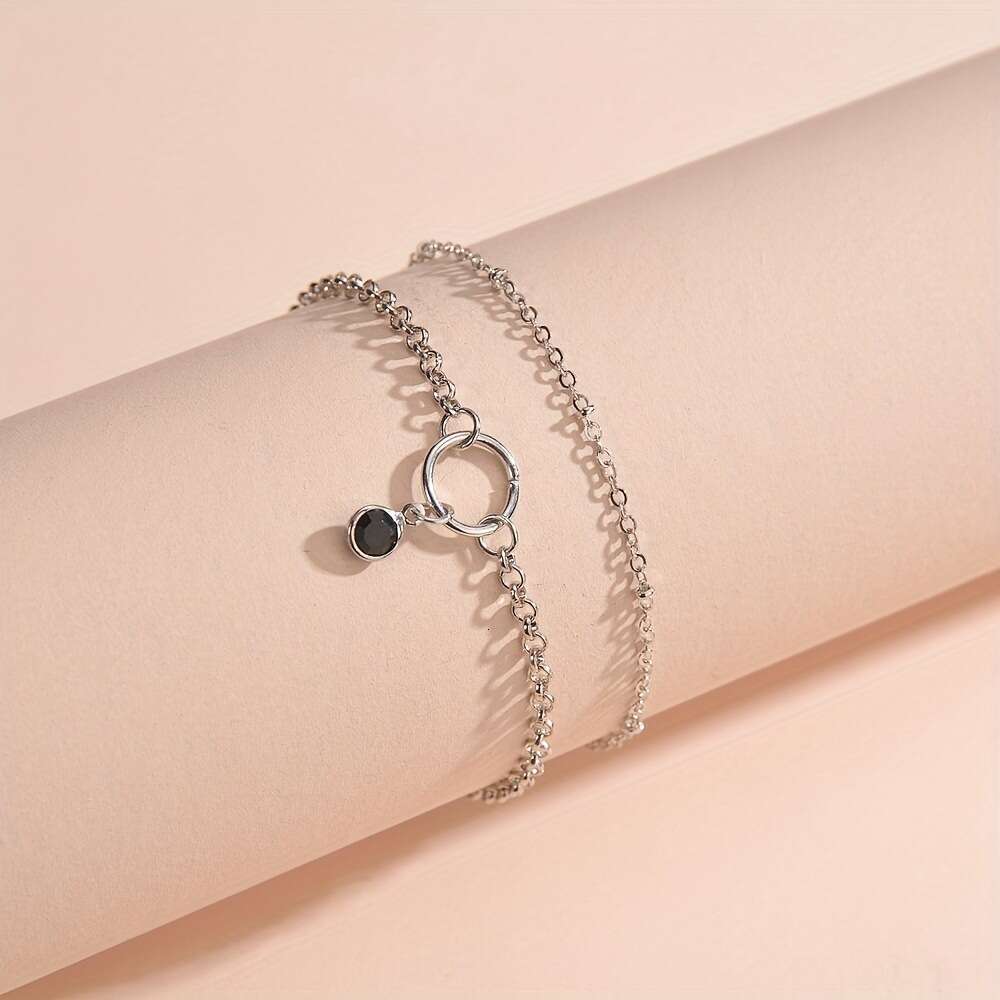 Foreign Trade Bestselling Round Gemstone Pendant Anklet Stainless Steel Double Layer Ankle Chain Fashion Layering 2024 Summer