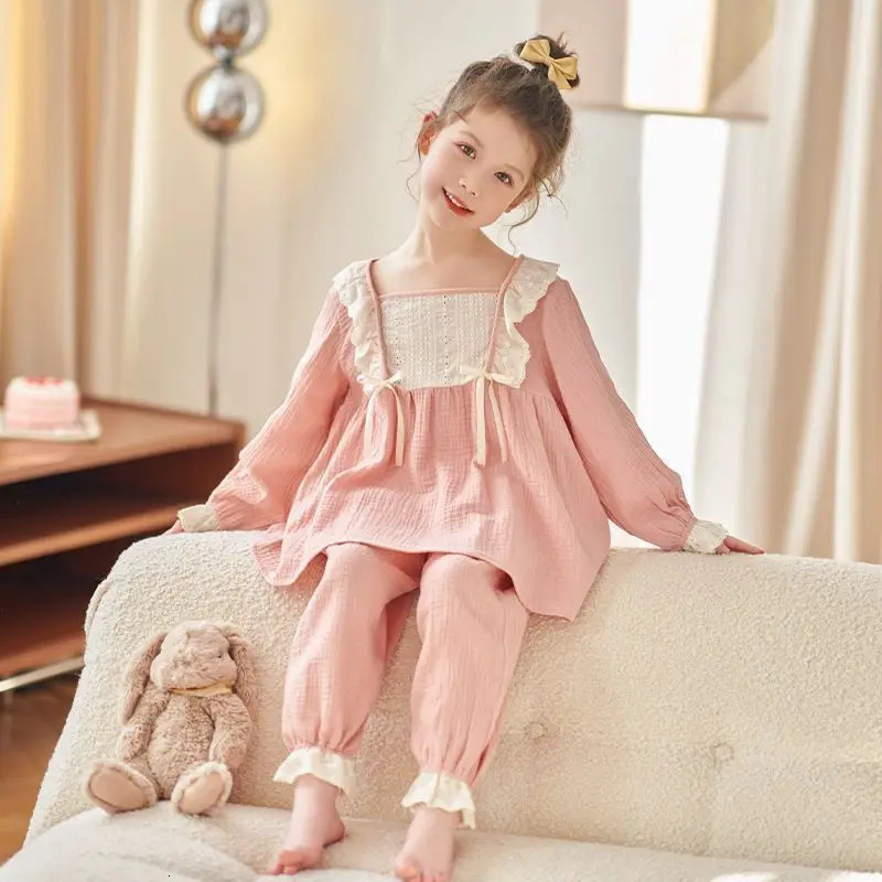 2025 Spring Autumn Girls Long Sleeve Pajamas Set Medium To Large Kids Cozy Home Wear Princess n Cotton Lounge Sets 251215