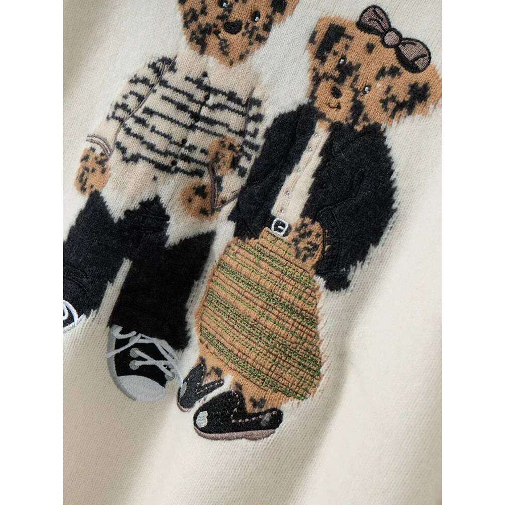 Women 100% Cashmere Sweater Embroidery Bears Pattern Cute O Neck Pullover Autumn Winter Cozy Fashion Warm Korean Tops