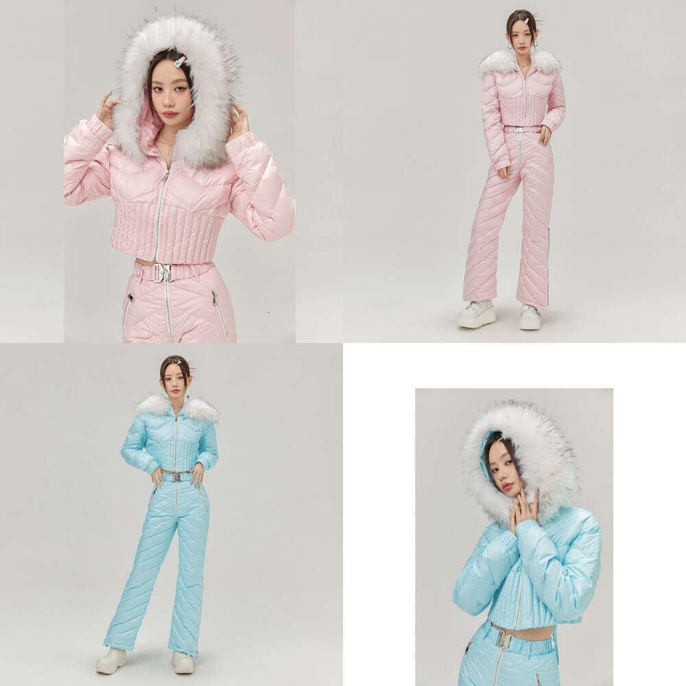 2025 Hot Ski Suit Imitation Raccoon Fur Collar Thickened White Duck Down Jacket Set For Women WKERSIY