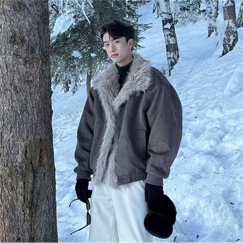 Autumn Winter Men Jacket American Turn Down Collar Male Plush Coat Patchwork Single-breasted Long Sleeve Man Outerwear 251223