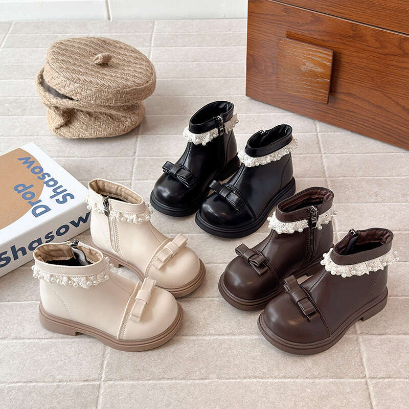 Ins British Style Martin 2025 Autumn Winter New Korean Version Girls' Bowknot Pearl Lace Fleece-Lined Short Boots