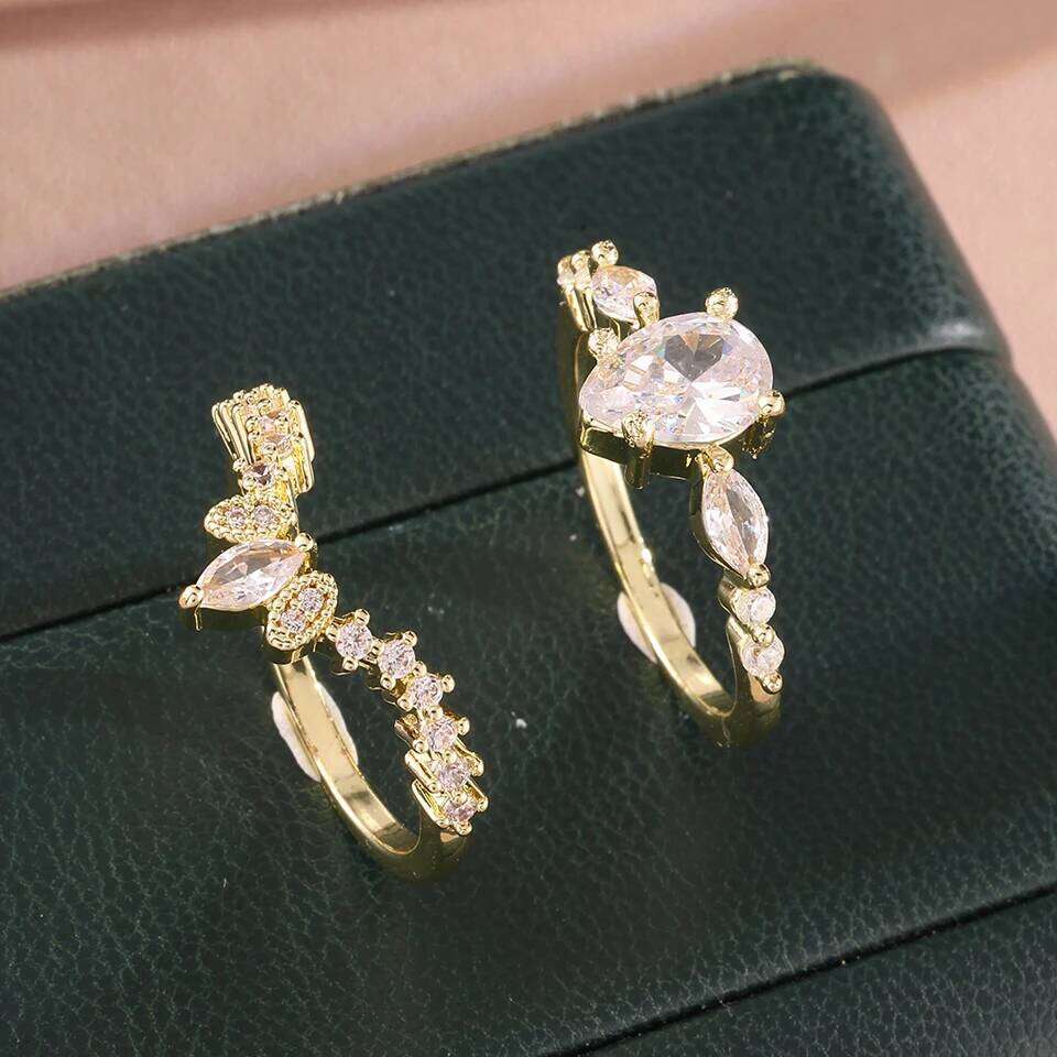 ZAKOL 2Pcs/Set Cubic Zirconia Set Rings for Women Bridal Geometric Water Drop Zircon Crystal Wedding Band Engagement Jewelry