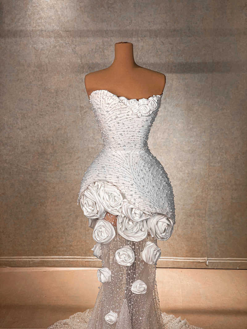 Exquisite Mermaid Wedding Dress Handmade Flowers Strapless Bridal Gowns Pearls Sequins Custom Made Bride Vestido de novia