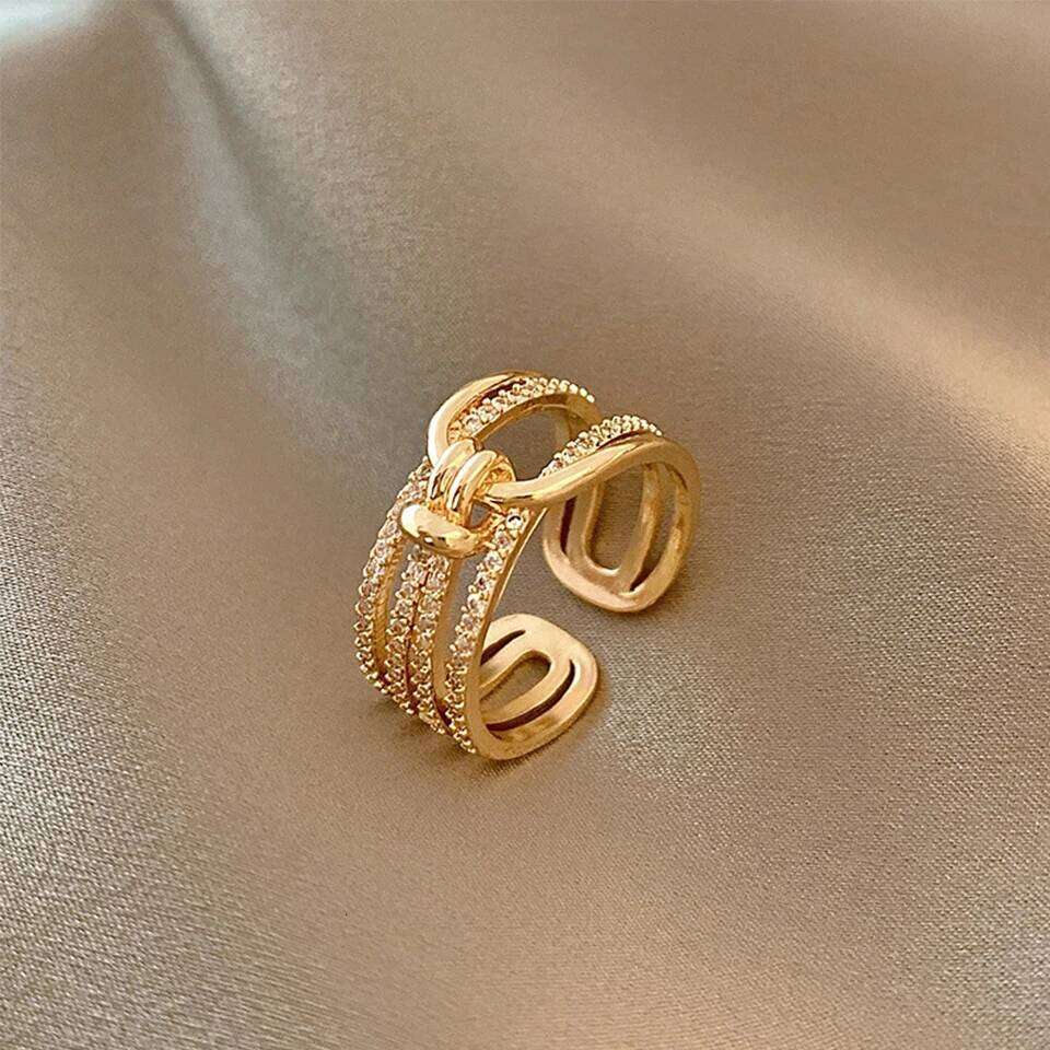 ZAKOL Fashion Double Layers Zircon Rings for Women Gold Color Plated Open Stainless Steel Ring Aesthetic Party Wedding Jewelry