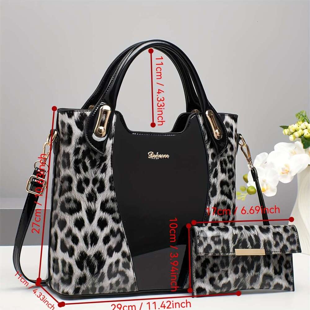 JINXIANGGUO Leopard Handbag Large Capacity Leopard Print Handbag For Women Adjustable Strap Zip Closure Polyester Lining Hand Washable Stylish Black A
