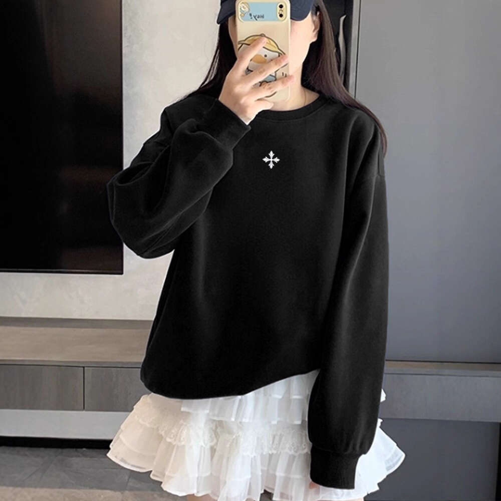 Autumn Winter New American Style Niche Cross Flower Print Design Long Sleeve Top For Women Simple Versatile Loose Sweatshirt