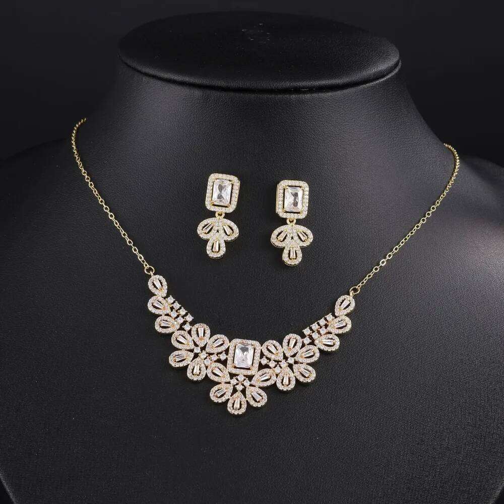 ZAKOL Classic Geometric Water Drop Full Big Zircon Earrings Necklace Set for Women Luxury Sparkling Bridal Wedding Jewelry