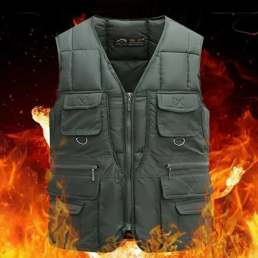 Classic MultiPocket Mens Padded Vest Winter Warm Sleeveless Coat Tactical Jacket for Men Solid Lightweight Male Waistcoat 251225