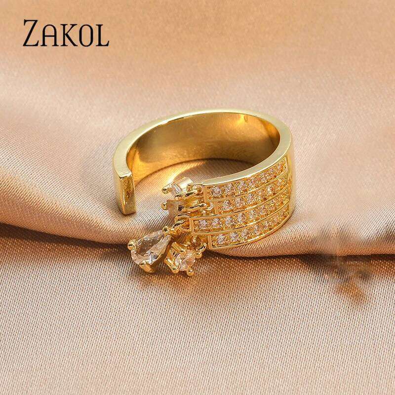 ZAKOL Brand Korea Multilayer Zircon Engagement Open Rings for Women Fashion Water Drop Party Jewelry
