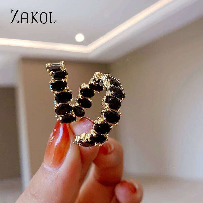 ZAKOL New Arrivals Black Geometric Zirconia CC Earrings Korean Fashion Jewelry for Women Girls