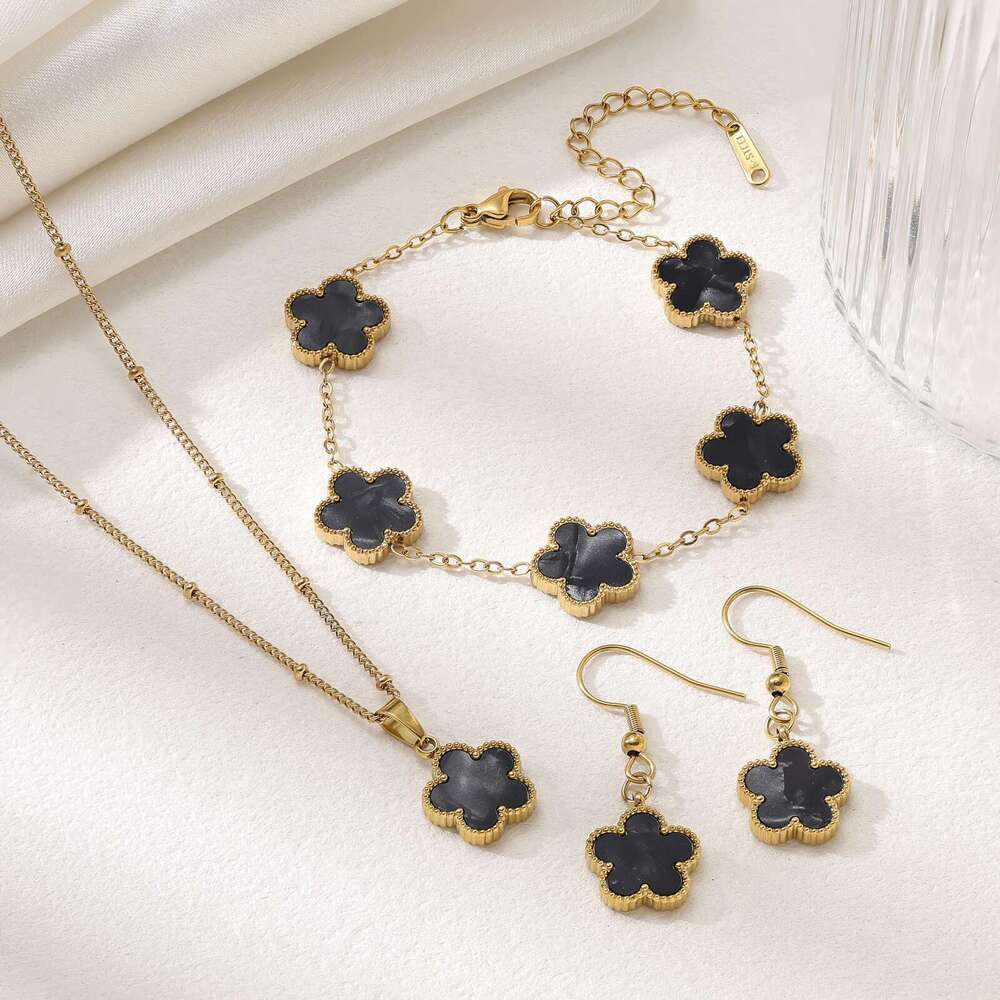 Five-Leaf Clover Necklace Earrings Bracelet Niche Design Light Luxury Style Simple Fashion Lace Jewelry Set