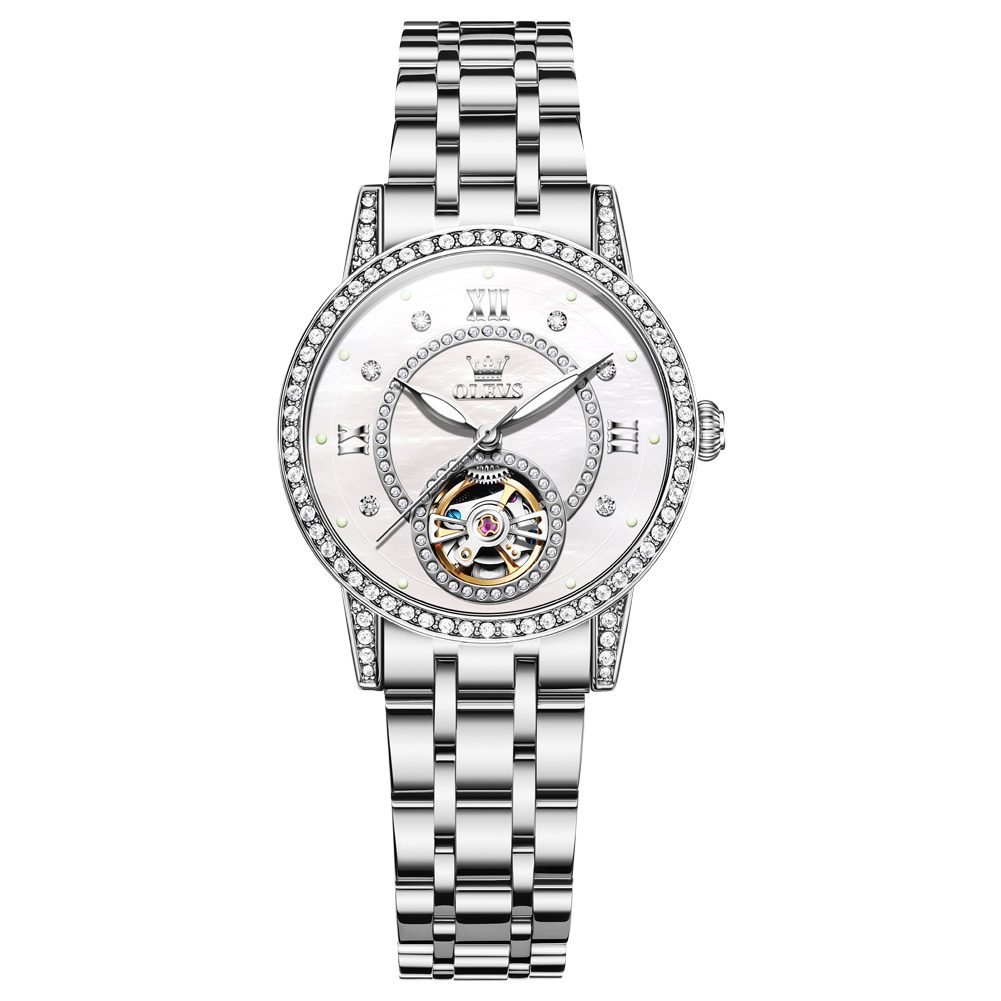 OLEVS High end new women's watch, niche personality, diamond inlaid fully automatic mechanical women's watch, waterproof hollow watch
