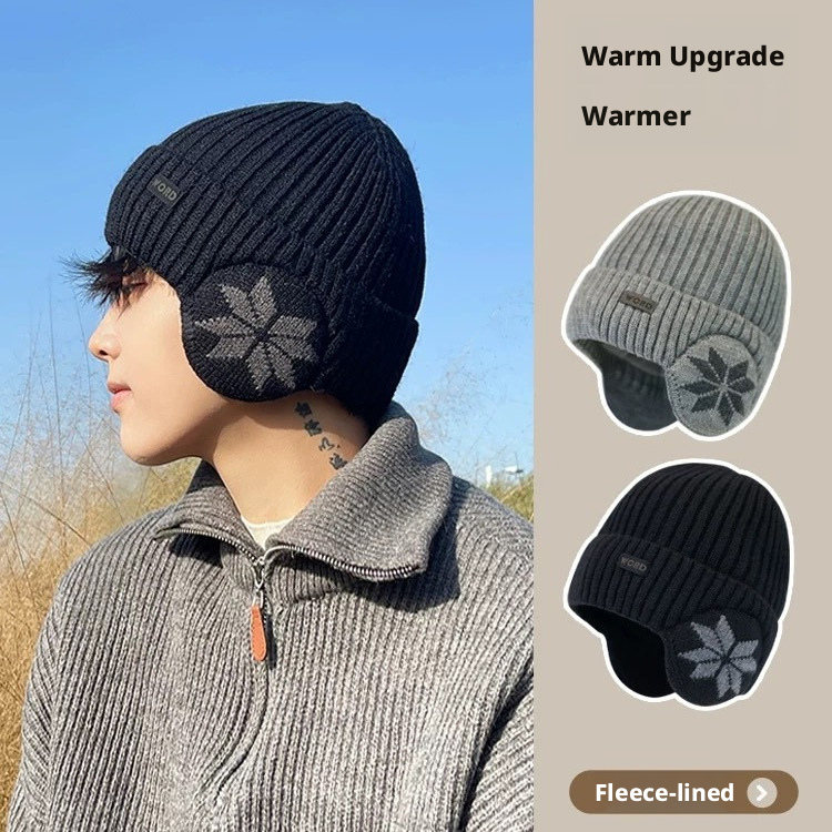Ear Muffs Winter Knit Beanie with Ear Flaps - Thick Warm Fleece Lined Skull Cap for Men Women, Snowflake Pattern Cold Weather Headwear Beanie003