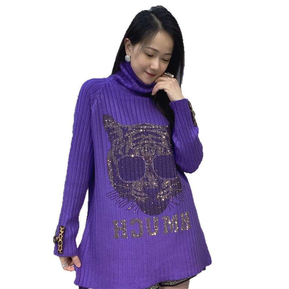 Lazy High Neck Heavy Embroidery Rhinestone Outerwear Sweater For Women Autumn Winter Korean Style Mid-Length Inner Wear Women's Base Knitwear