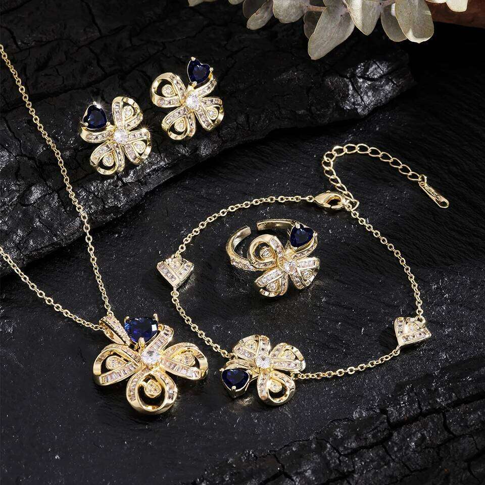 ZAKOL 4Pcs/Set Crystal Zircon Leaf Flowers Earring/Necklace/Ring/Bracelet for Women Aesthetic Wedding Party Jewelry Set