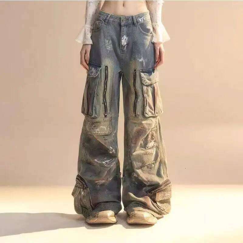 Y2K Harajuku Gothic Multi-Pocket Washed Black Jeans Men And Women 2000s Heavy Industry Drag Street Hip Hop Wide Leg Pants