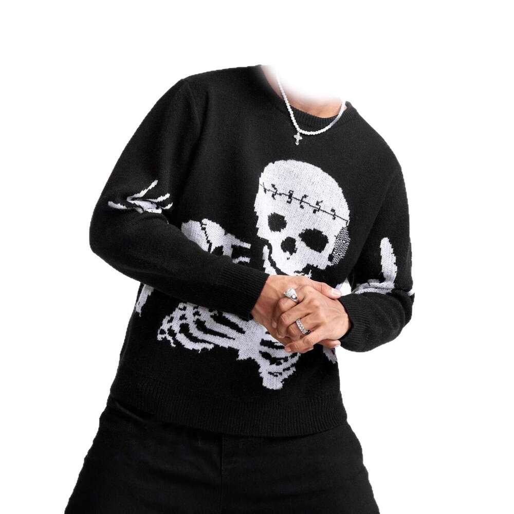 Autumn Winter Vintage Y2K Round Neck Skull Jacquard Unisex Loose Knitted Pullover Sweater Ins