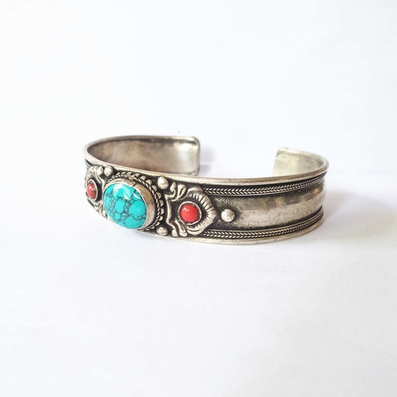 BB-456 Tibetan Bangles White Metal Copper Inlaid Simulated Turquoise Open Cuff Bangle Nepal vintage Jewelry 251219