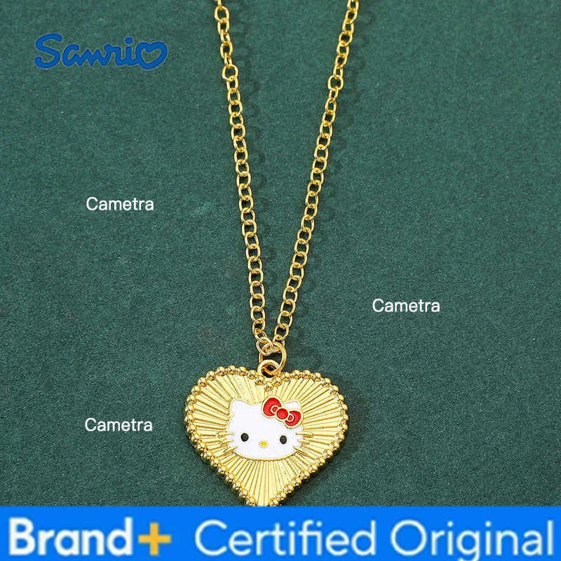 Sanrio Anime Hello Kitty Necklace Cartoon Figure KT Cat Heart Shape Metal Golden Pendant Necklace Kawaii Jewelry Accessories H251229