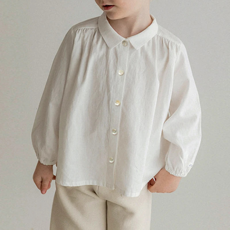 Boys Cotton And Linen Buttons White Shirt Autumn Children Casual Lapel Collar LongSleeved Shirts Cardigan Girls Blouse 251218