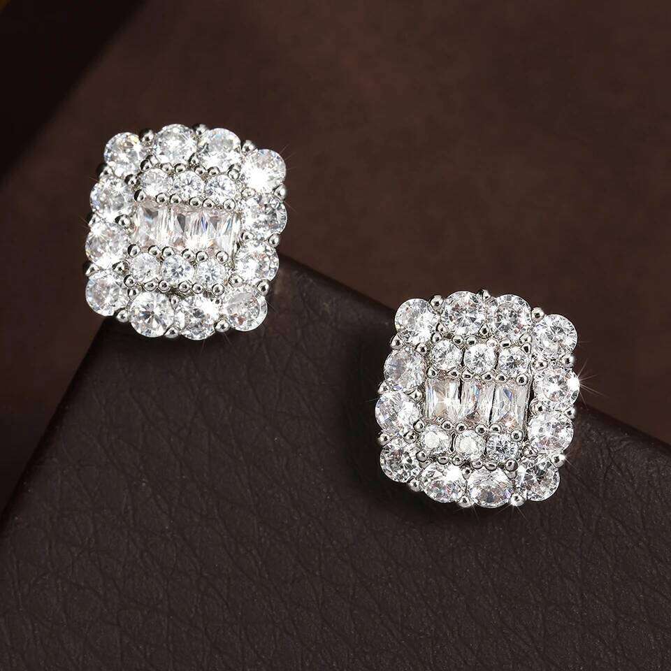 ZAKOL Shiny Clear Iced Out Zircon Stud Earrings for Women Geometric Square Buling Crystal CZ Jewelry Gift
