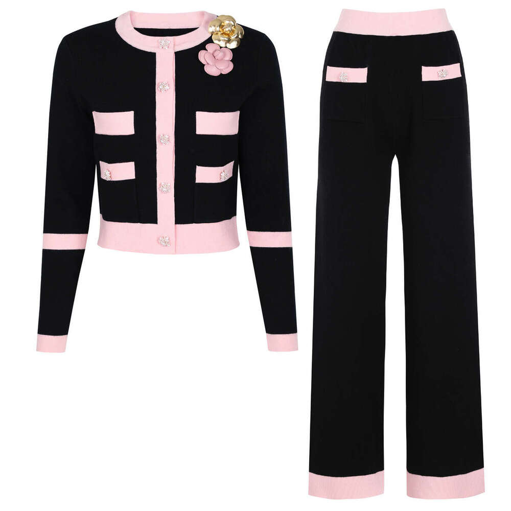 25252 High-End Quality In-Stock Spring And Autumn New Knitted Internet Celebrity Floral Sleeve Top Jacket + Long Pants Set For Women