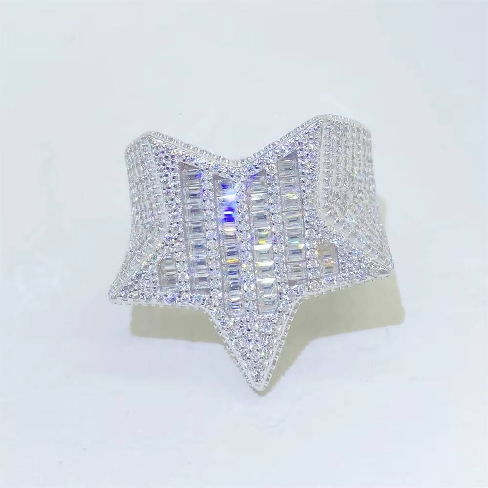 Ready to Ship Bling 925 Sterling Silver Star Shape baguette Diamond Moissanite Ring Hip Hop Iced Out Mens Rings