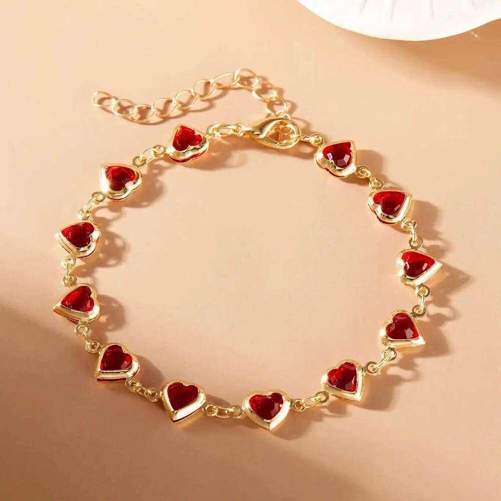 Elegant Red Crystal Zircon Metal Chain for Women Colorful Heart Bracelets Party Wedding Girl Wrist Jewelry Gift 25H1229