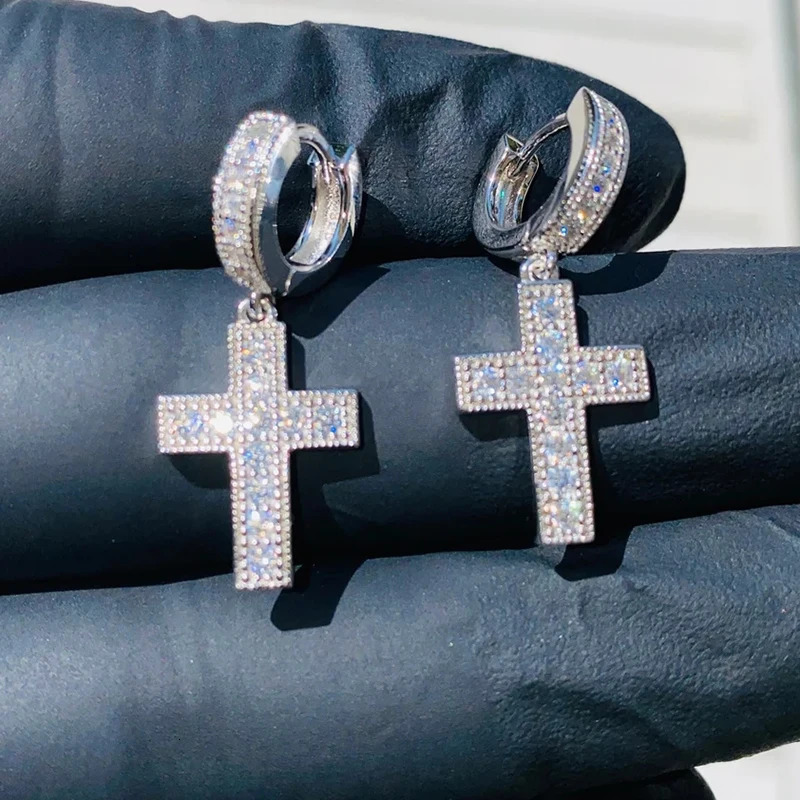 Huitan Cross Pendant Earrings for Unisex Stylish Male Hiphop Accessories with Bright Zirconia Jewelry for Women 251224