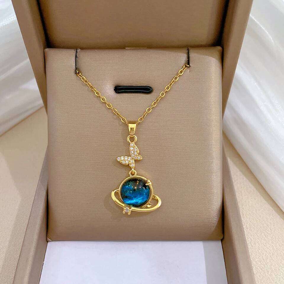 ZAKOL Light Luxury Stainless Steel Blue Starry Planet Pendant Necklace Fashion Women's Clavicle Chain Versatile Jewelry Gift