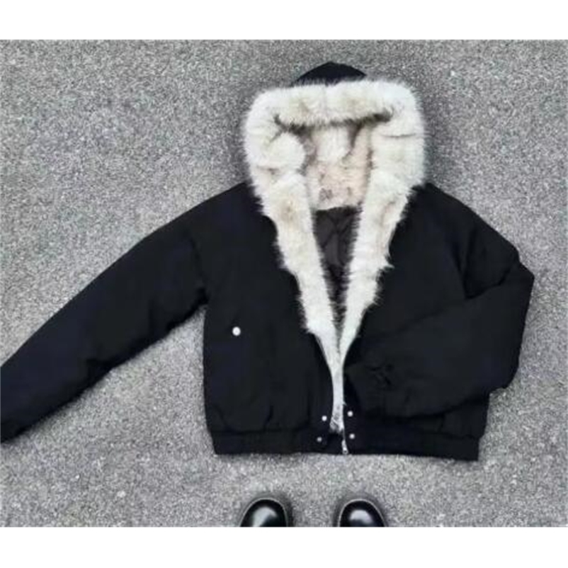 American vintage warm jacket fashionable and simple loose biker punk jacket hip-hop style winter fur collar hooded jacket 251223CJ