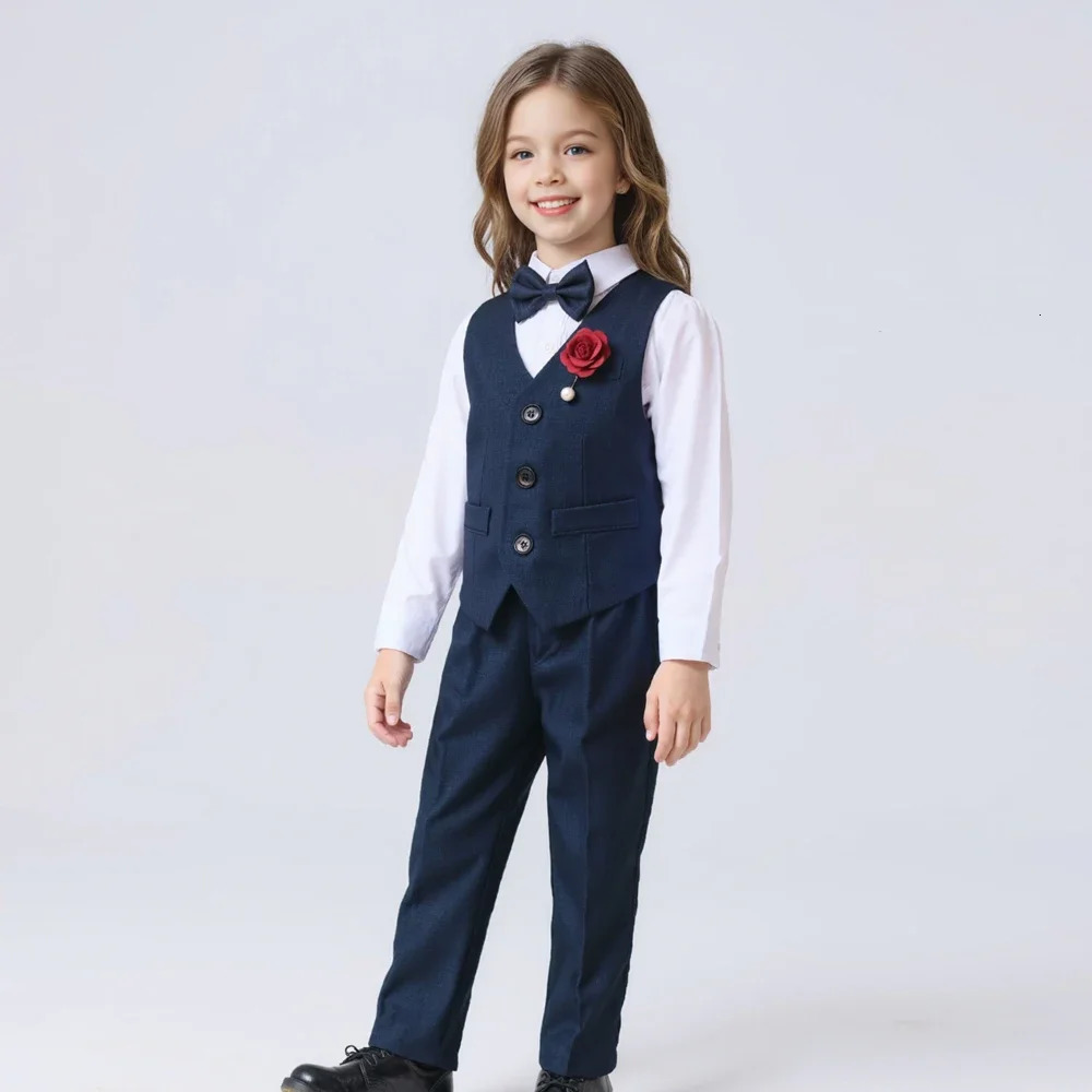 4 pcs sets Plaid Boys Formal Tuxedo Suit with Bow tie Childrens Blazer for Teenager Kid Party Performance Wedding Dress Costume 251218