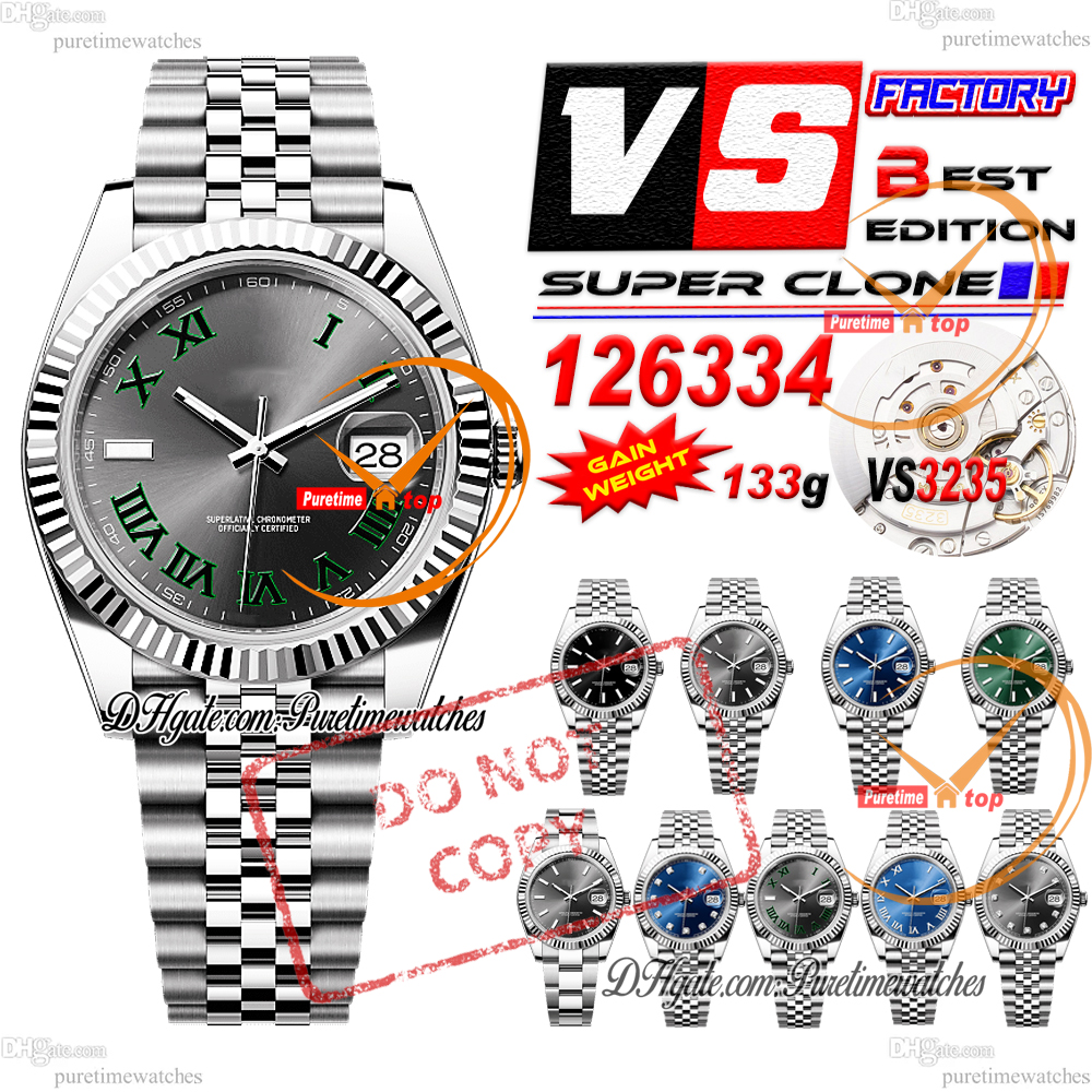 126334 VS3235 Automatic Mens Watch VSF V2 41mm Fluted Bezel Wimbledon Gray Roman Dial 904L Steel Case Jubilee Bracelet (Gain Weight) 133g With Card Puretimewatches CHS