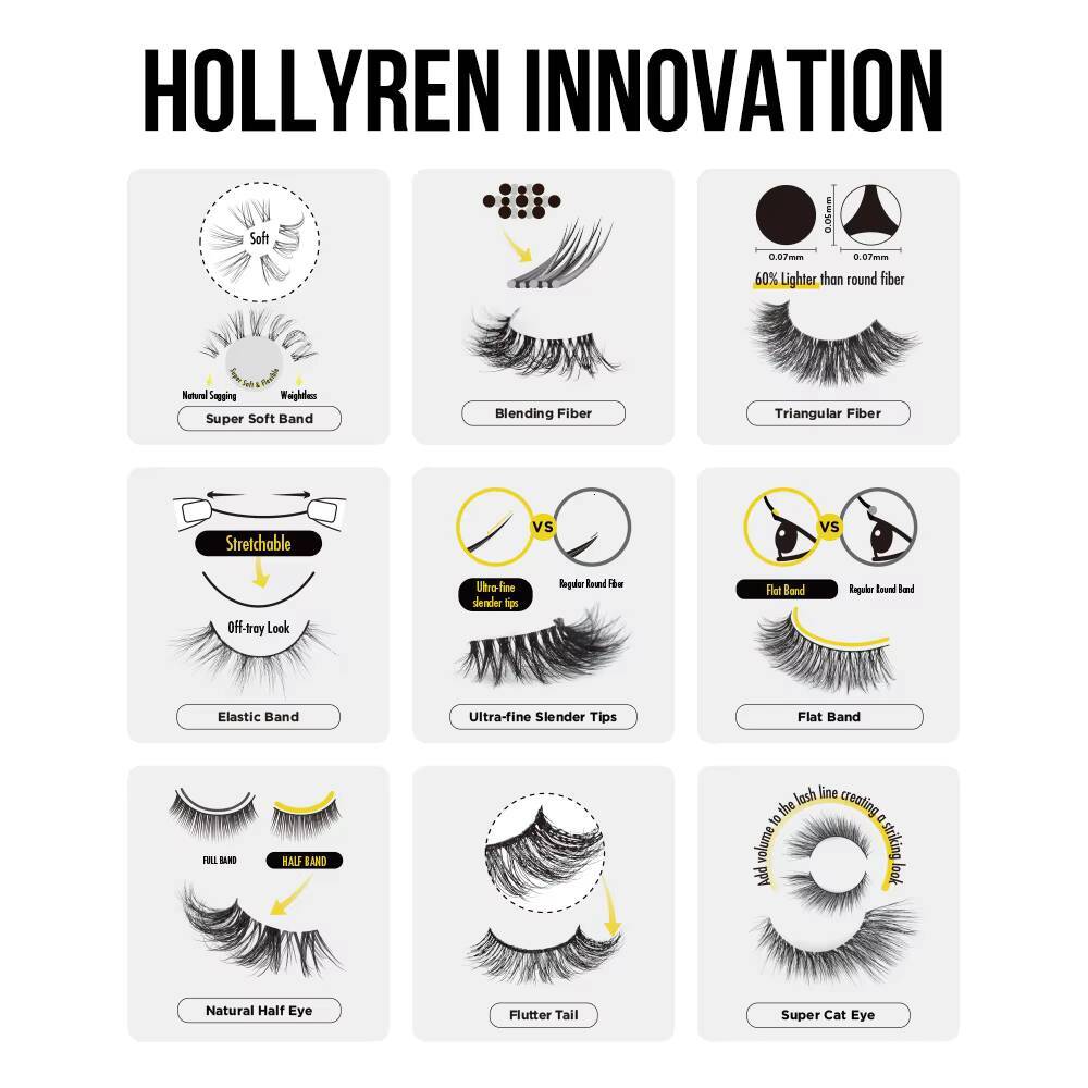 Hollyren Vegan Cruelty Free Clear Band Strip Lashes 3d Natural False Eyelash Wholesale Synthetic Fluffy Eyelashes With Box