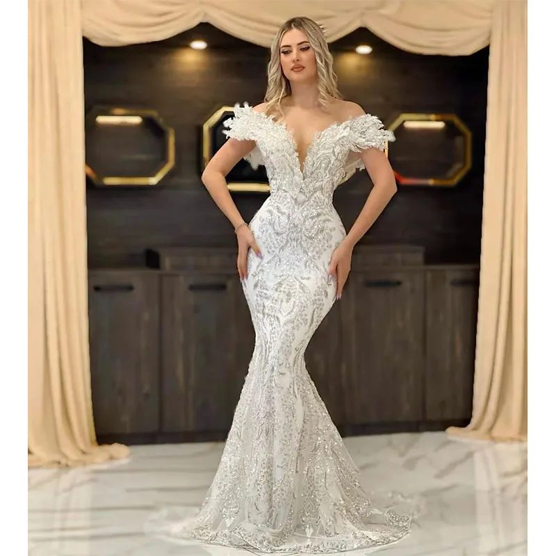 Exquisite Beaded Wedding Dresses Off Shoulder Sleeveless Detachable Train Sequin Bridal Gowns Customized Vestidos De Novia
