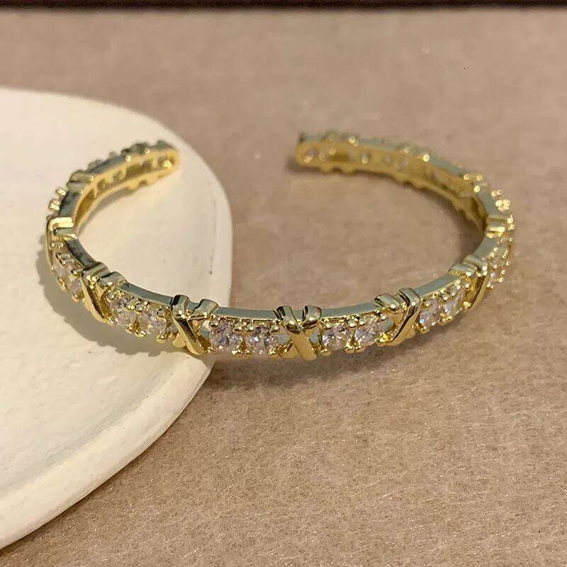 ZAKOL New Fashion X Cross Zircon White and Gold Color Cuff Bangle for Women Girl Charming Birthday Jewelry Gift