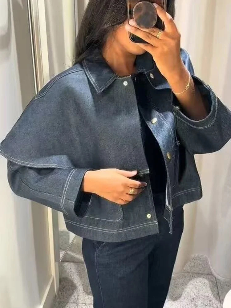 TFMLN Women Solid Pockets Chic Denim Coat Lapel Long Sleeve Cloak Spliced Single Breasted Streetwear Coats Female Clothes 251213